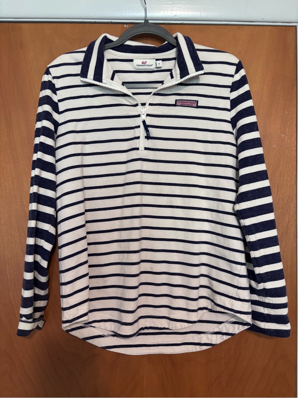 Vineyard Vines Navy and White Striped Half-Zip Pullover with Chest Patch